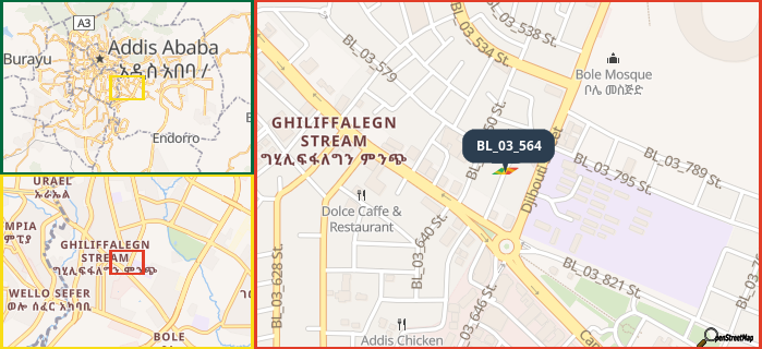 Map showing the address of BL_03_564 in three different zoom levels.