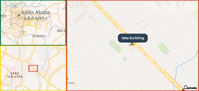 Map showing the address of leka building in three different zoom levels.