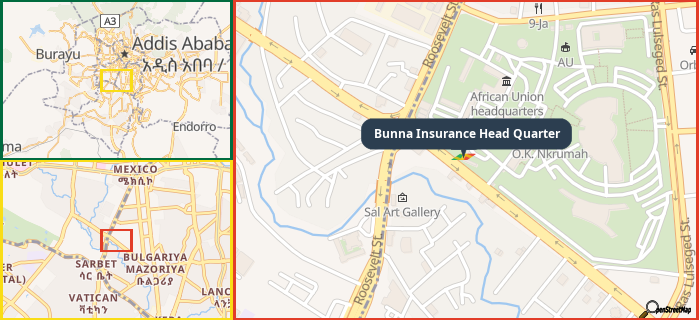 Map showing the address of Bunna Insurance Head Quarter in three different zoom levels.