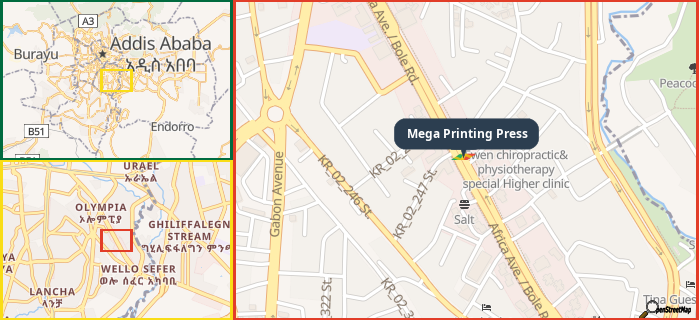 Map showing the address of Mega Printing Press in three different zoom levels.