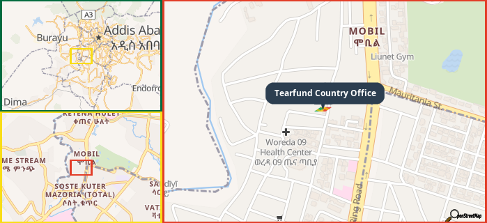 Map showing the address of Tearfund Country Office in three different zoom levels.