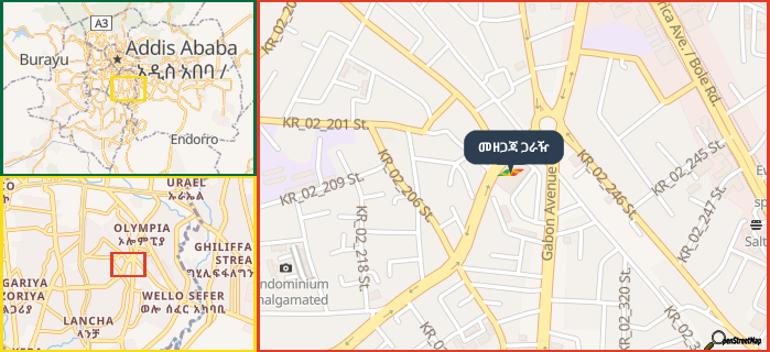 Map showing the address of መዘጋጃ ጋራዥ in three different zoom levels.