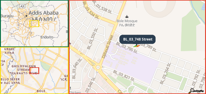 Map showing the address of BL_03_748 Street in three different zoom levels.