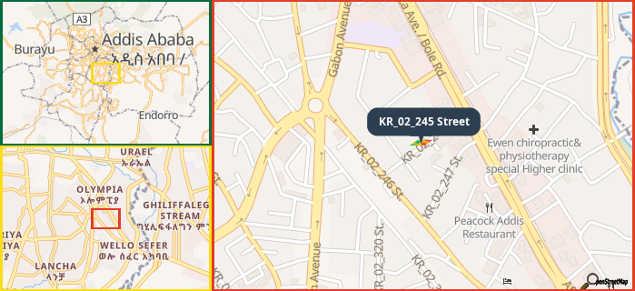 Map showing the address of KR_02_245 Street in three different zoom levels.