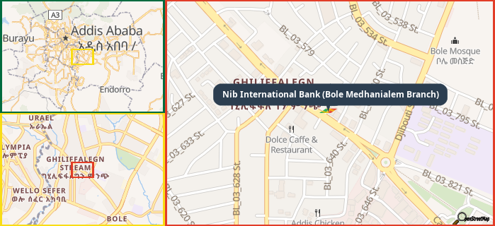 Map showing the address of Nib International Bank (Bole Medhanialem Branch) in three different zoom levels.