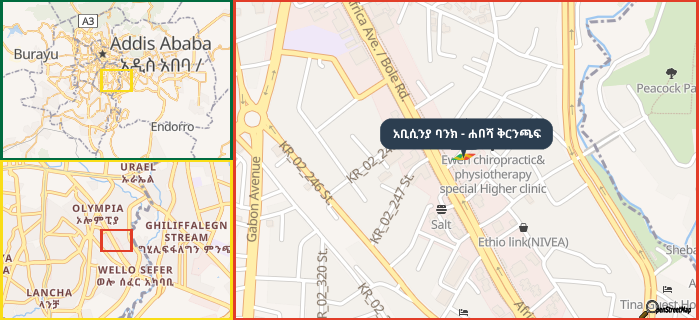 Map showing the address of አቢሲንያ ባንክ - ሐበሻ ቅርንጫፍ in three different zoom levels.