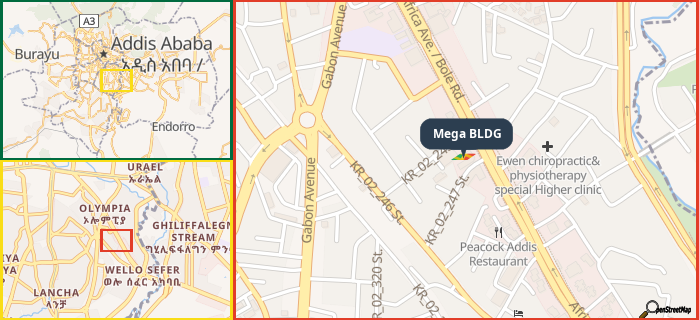 Map showing the address of Mega BLDG in three different zoom levels.