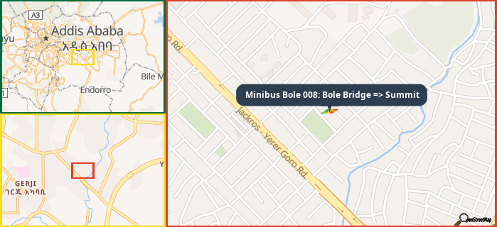 Map showing the address of Minibus Bole 008: Bole Bridge => Summit in three different zoom levels.