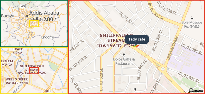 Map showing the address of Tady cafe in three different zoom levels.