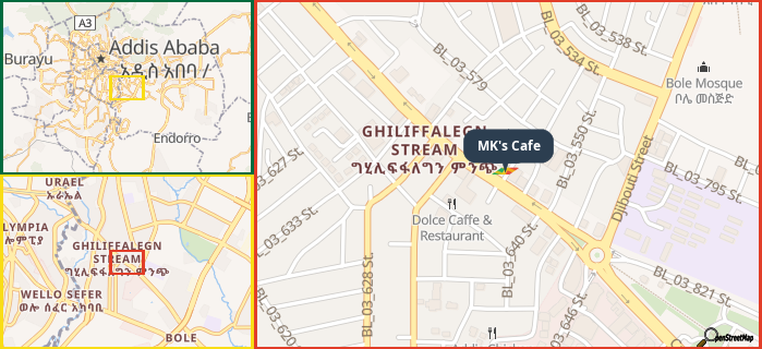 Map showing the address of MK's Cafe in three different zoom levels.