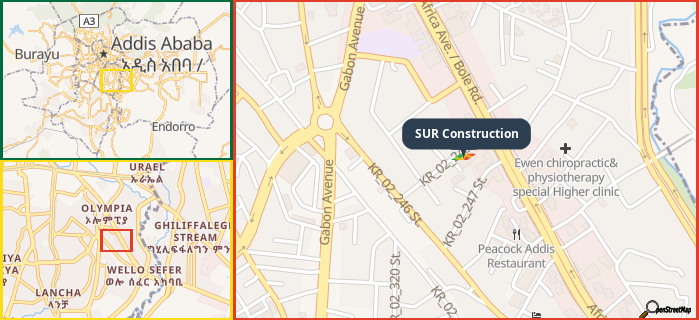 Map showing the address of SUR Construction in three different zoom levels.