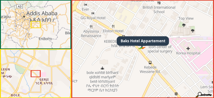 Map showing the address of Baks Hotel Appartement in three different zoom levels.