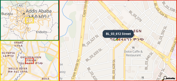 Map showing the address of BL_03_612 Street in three different zoom levels.