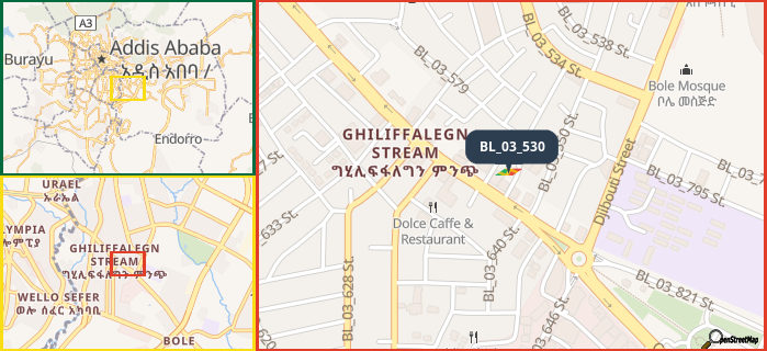 Map showing the address of BL_03_530 in three different zoom levels.