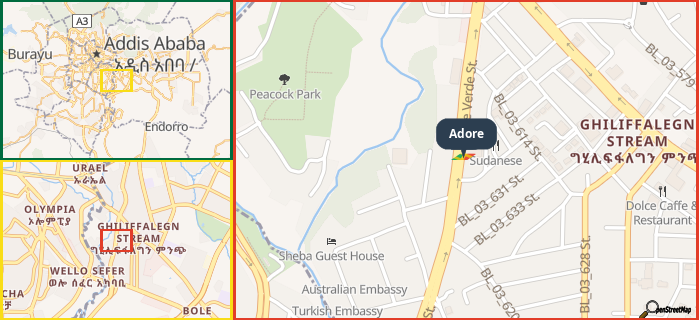 Map showing the address of Adore in three different zoom levels.