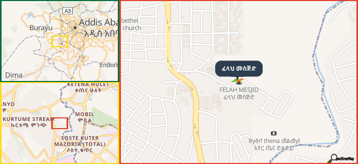 Map showing the address of ፈላህ መስጅድ in three different zoom levels.
