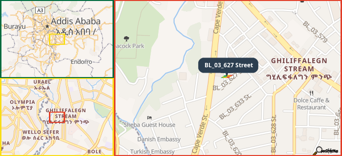 Map showing the address of BL_03_627 Street in three different zoom levels.