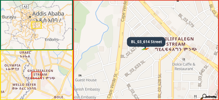 Map showing the address of BL_03_614 Street in three different zoom levels.