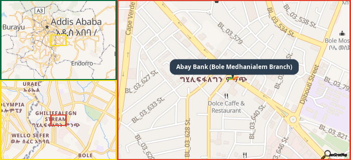 Map showing the address of Abay Bank (Bole Medhanialem Branch) in three different zoom levels.