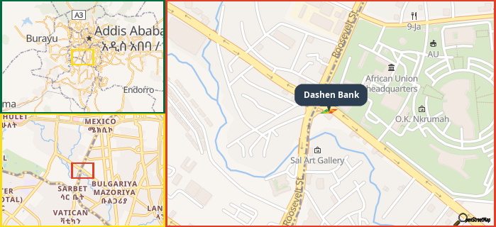 Map showing the address of Dashen Bank in three different zoom levels.