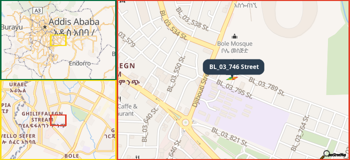 Map showing the address of BL_03_746 Street in three different zoom levels.