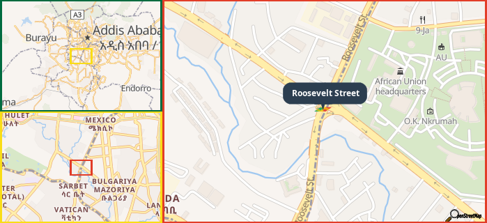Map showing the address of Roosevelt Street in three different zoom levels.