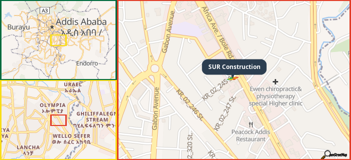 Map showing the address of SUR Construction in three different zoom levels.