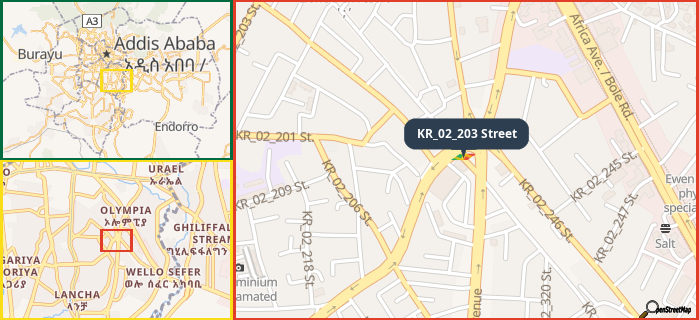 Map showing the address of KR_02_203 Street in three different zoom levels.