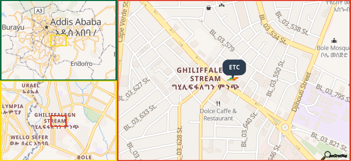 Map showing the address of ETC in three different zoom levels.