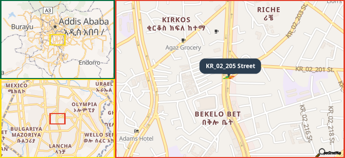 Map showing the address of KR_02_205 Street in three different zoom levels.