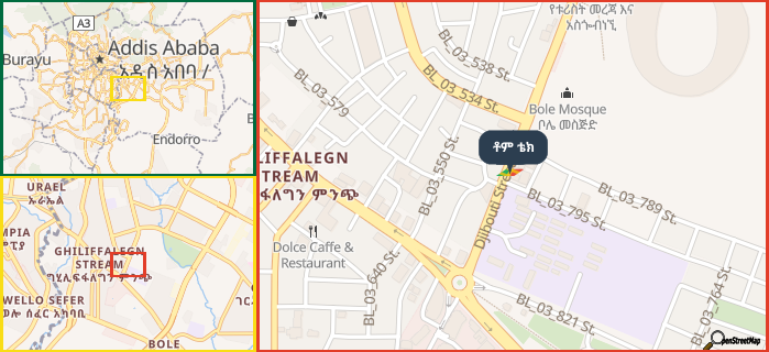 Map showing the address of ቶም ቴክ in three different zoom levels.