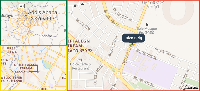 Map showing the address of Blen Bldg in three different zoom levels.