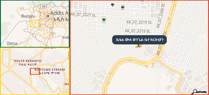 Map showing the address of ቤቴል ሙሉ ወንጌል ቤተ ክርስቲያን in three different zoom levels.