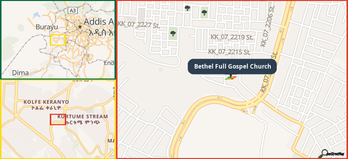 Map showing the address of Bethel Full Gospel Church in three different zoom levels.