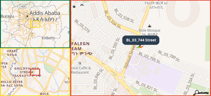 Map showing the address of BL_03_744 Street in three different zoom levels.