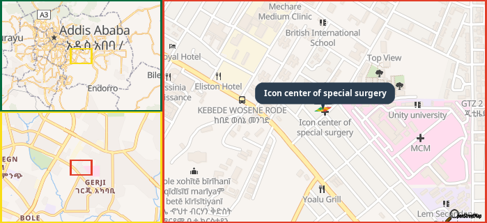 Map showing the address of Icon center of special surgery in three different zoom levels.