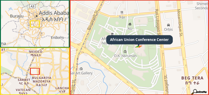 Map showing the address of African Union Conference Center in three different zoom levels.