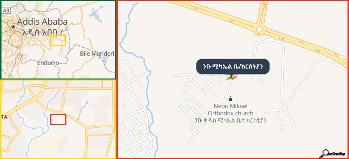 Map showing the address of ንቡ ሚካኤል ቤ/ክርስትያን in three different zoom levels.