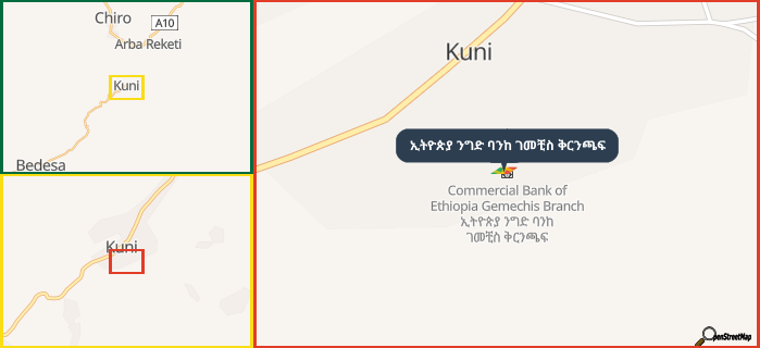 Map showing the address of ኢትዮጵያ ንግድ ባንከ ገመቺስ ቅርንጫፍ in three different zoom levels.