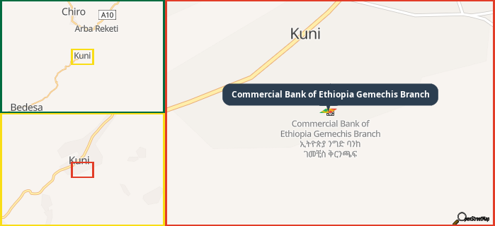 Map showing the address of Commercial Bank of Ethiopia Gemechis Branch in three different zoom levels.