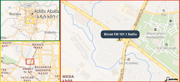 Map showing the address of Bisrat FM 101.1 Radio in three different zoom levels.