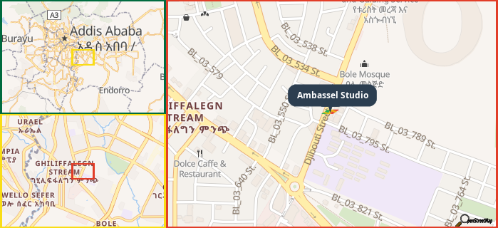Map showing the address of Ambassel Studio in three different zoom levels.