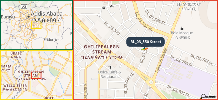 Map showing the address of BL_03_550 Street in three different zoom levels.