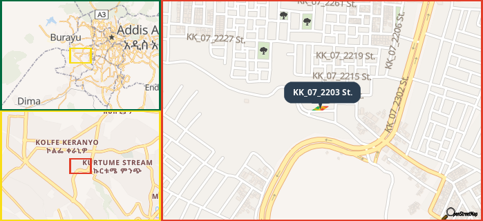 Map showing the address of KK_07_2203 St. in three different zoom levels.