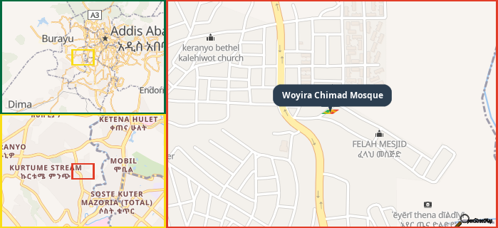 Map showing the address of Woyira Chimad Mosque in three different zoom levels.