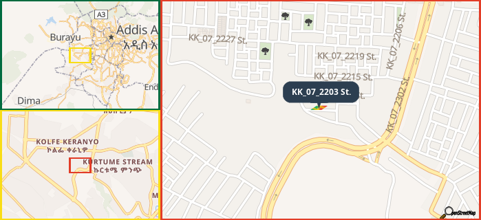 Map showing the address of KK_07_2203 St. in three different zoom levels.