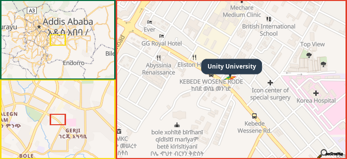 Map showing the address of Unity University in three different zoom levels.