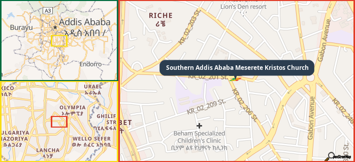 Map showing the address of Southern Addis Ababa Meserete Kristos Church in three different zoom levels.