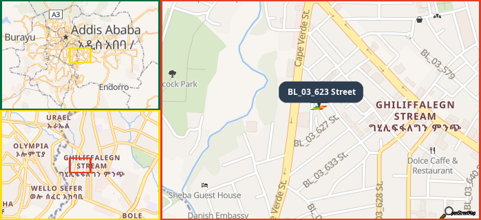 Map showing the address of BL_03_623 Street in three different zoom levels.