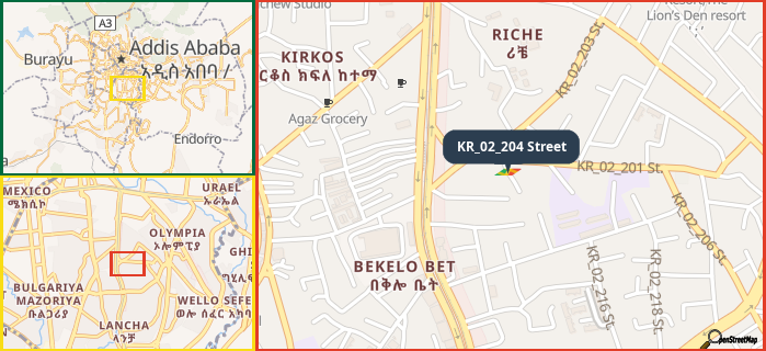 Map showing the address of KR_02_204 Street in three different zoom levels.